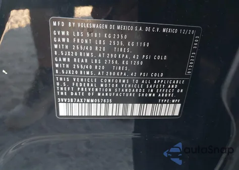 2021 Volkswagen Tiguan 2.0T Se/2.0T Se R-Line Black/2.0T Sel z USA, uszkodzony, nr VIN 3VV3B7AX7MM057635